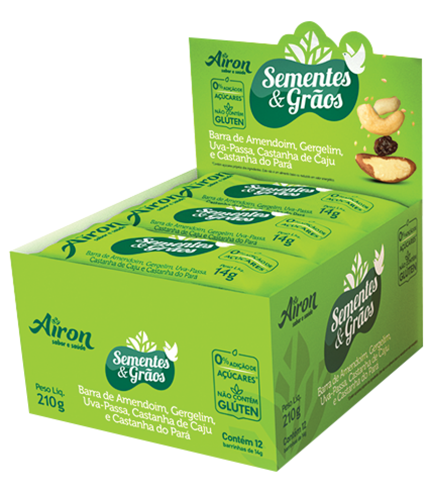 Sementes e grãos - barra de amendoim, gergelim, uva passa, castanha de caju e castanha do para Airon - Dis 12x14g